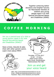 flyer for the MPCF Coffee Morning at Lifted Carers Centre on 15 June 2017