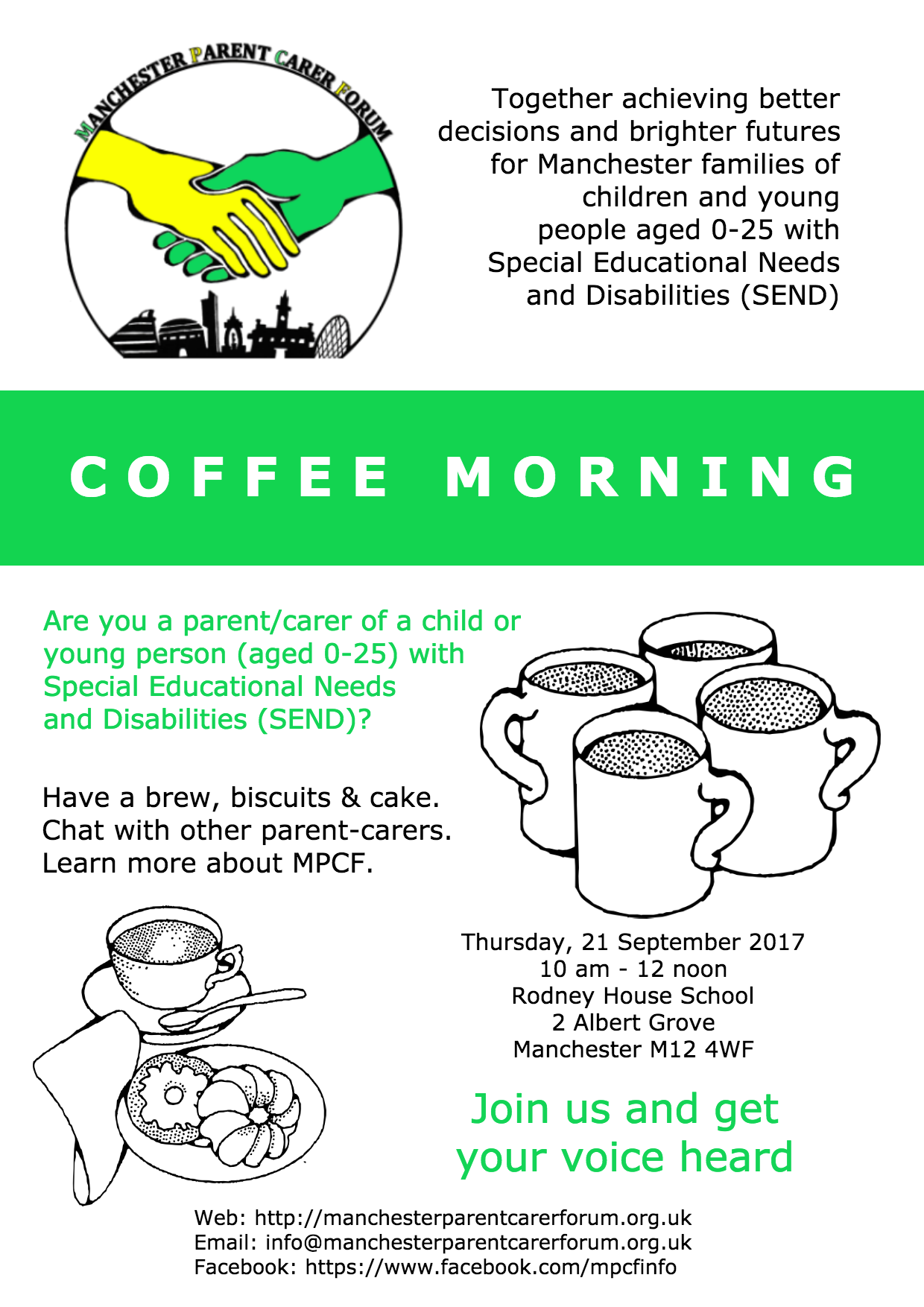 flyer for the MPCF Coffee Morning at Rodney House School on 21 September 2017