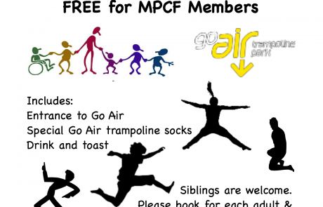 MPCF Trampolining Event at Go Air Manchester flyer | Go Air logo via: https://www.goairtrampolinepark.co.uk/locations/manchester/ | clip art via clker.com and openclipart.org