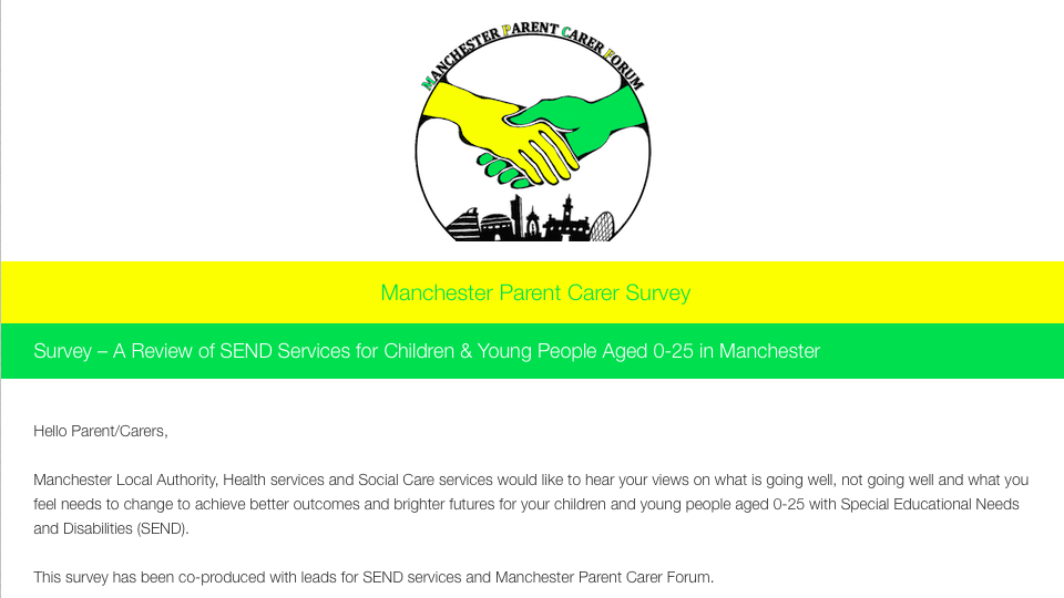 screenshot of the Manchester SEND Survey for autumn 2017