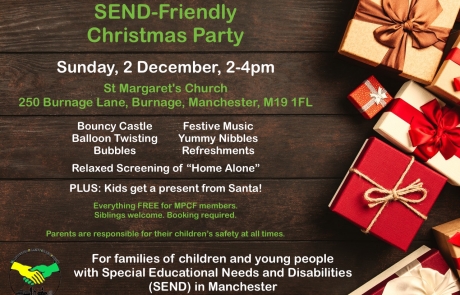 Poster for MPCF's SEND Christmas Party 2019 | Includes a Christmas-themed background with loads of Christmas gifts | image credits: George Dolgikh from pexels.com