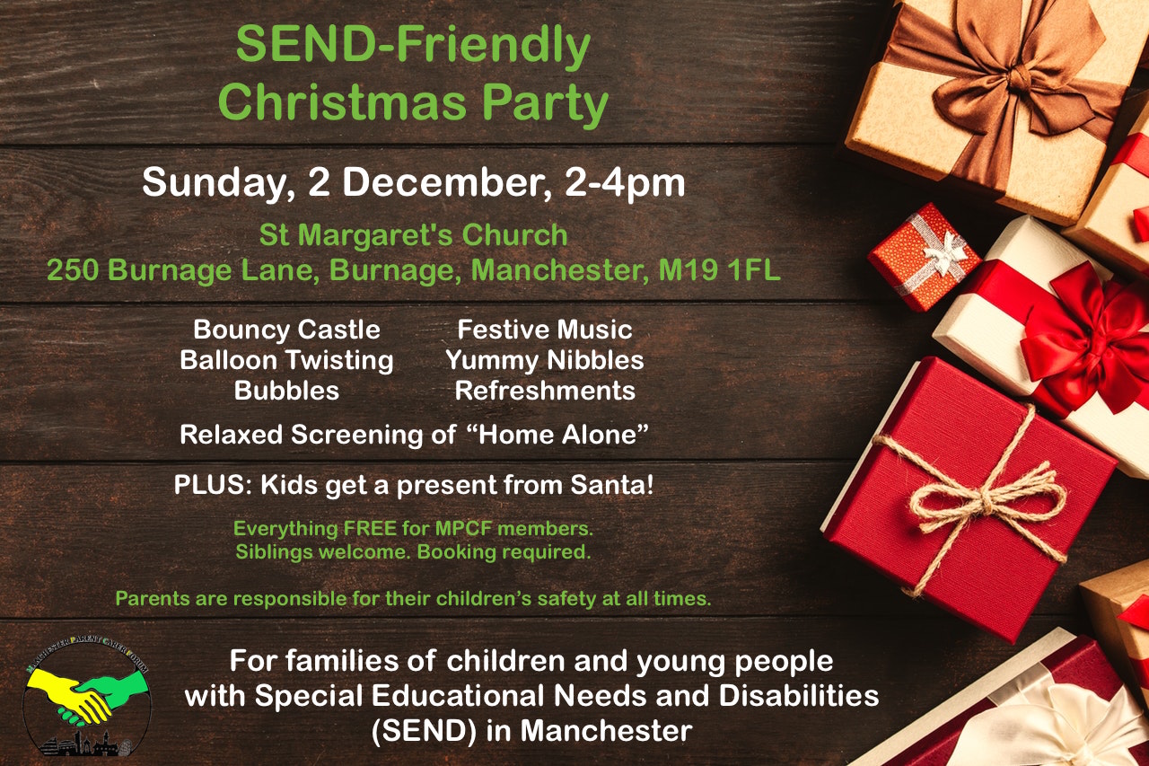 Poster for MPCF's SEND Christmas Party | Includes a Christmas-themed background with loads of Christmas gifts | image credits: George Dolgikh from pexels.com
