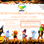 Poster for MPCF's SEND Halloween Party | Includes a halloween-themed frame (with bats, pumpkin, ghost, etc) and costumed children in the background | image credits: pixabay.com