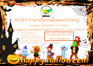 Poster for MPCF's SEND Halloween Party | Includes a halloween-themed frame (with bats, pumpkin, ghost, etc) and costumed children in the background | image credits: pixabay.com