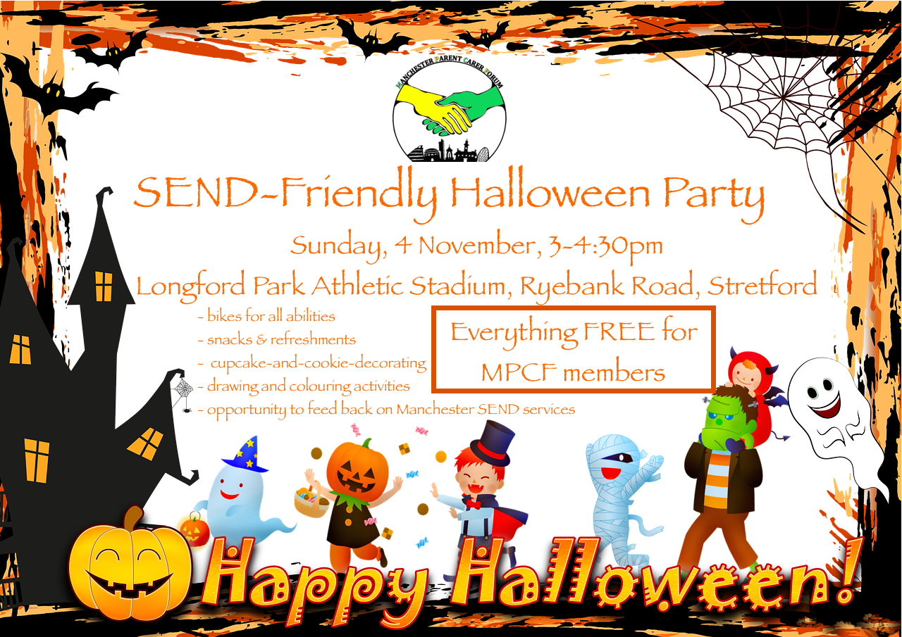 Poster for MPCF's SEND Halloween Party | Includes a halloween-themed frame (with bats, pumpkin, ghost, etc) and costumed children in the background | image credits: pixabay.com
