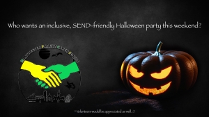 Teaser for MPCF's SEND Halloween Party | Includes a scary halloween background and MPCF's halloween-themed logo in the foreground | image credits: pixabay.com