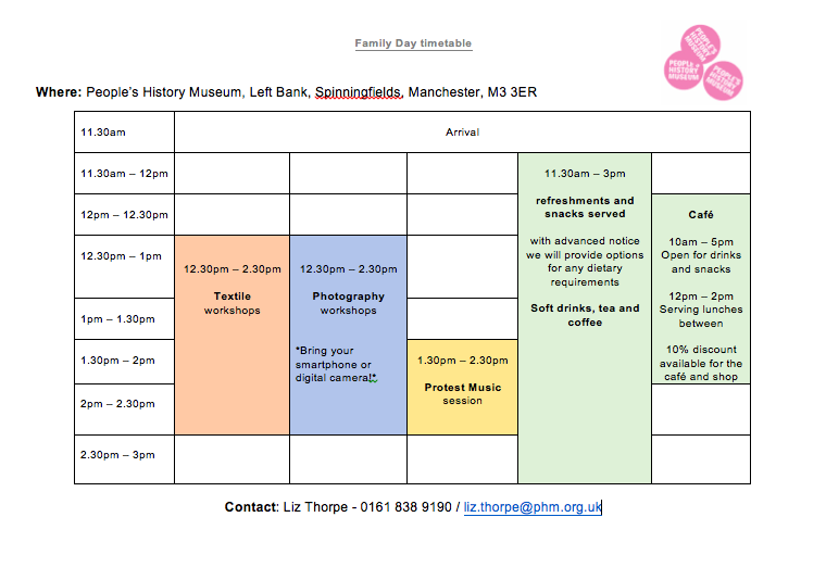 A colour-coded timetable showing activities happening at PHM's Family Day