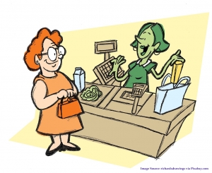 Drawing of a female cashier talking to a woman wearing glasses | image credit: User richardsdrawings on Pixabay.com