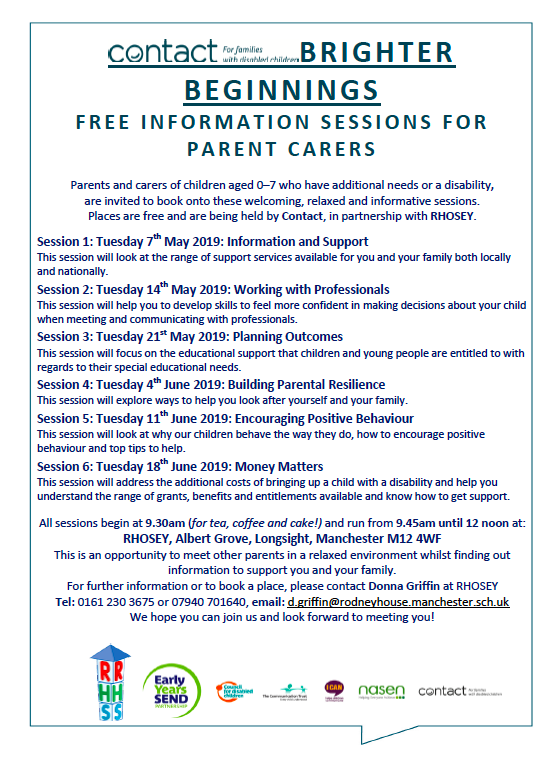 Screenshot of the flyer for the Contact-RHOSEY information sessions for 2019, which shows the events' details plus logos of their partners and proponents: RHOSEY, Early Years SEND, Council for Disabled Children, The Communication Trust, I CAN, nasen, Contact