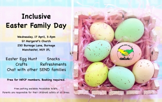 Poster for MPCF's Easter Family Day, showing details of the event with MPCF's logo on the foreground and 7 pastel-coloured Easter eggs inside a basket in the background | image source: pixabay.com