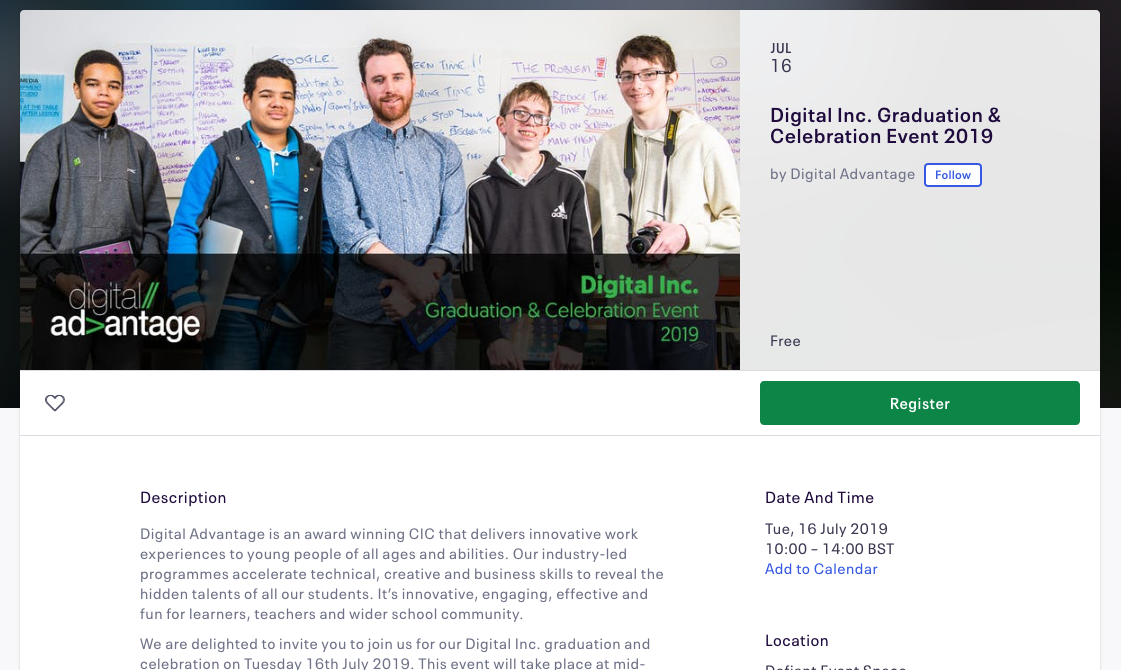 Screenshot of the Eventbrite entry for the Digital Inc. Graduation and Celebration event, showing details of the event and a photo showing students and an instructor