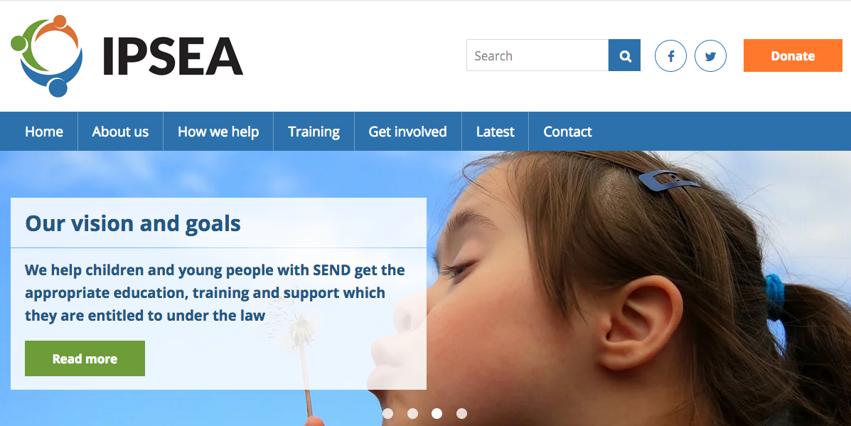 A screenshot of the IPSEA website's homepage, showing some text, IPSEA's logo and a photo of a girl blowing a dandelion