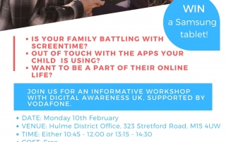 Poster for the MPCF Online Safety Course for Parents & Carers, with details of the event in text, a photo of 3 adults looking at a smartphone, and the logos of MPCF, course providers Digital Awareness UK, and their sponsor Vodafone