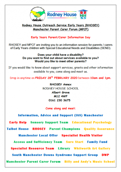 Full details of the Parent/Carer Drop-in session organised by RHOSEY and MPCF, including a list of participating organisations/groups/services + logos of Rodney House School, RHOSEY and MPCF
