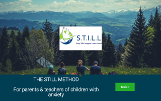 A screenshot from the S.T.I.L.L. Method website, showing 4 people sat on a meadow overlooking mountains and trees in the background and their logo in the foreground | photo credit: thestillmethod.co.uk