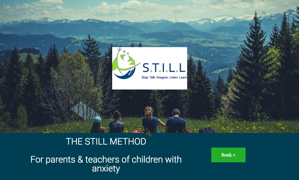 A screenshot from the S.T.I.L.L. Method website, showing 4 people sat on a meadow overlooking mountains and trees in the background and their logo in the foreground | photo credit: thestillmethod.co.uk