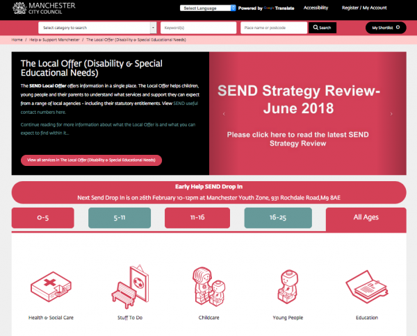 Screenshot of the Manchester SEND Local Offer website, as of 2 Feb 2020