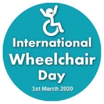 Image is the logo for Internation Wheelchair Day 2020, which is a blue cirlce with a cheerful stickman in a wheelchair raising its arms in the air