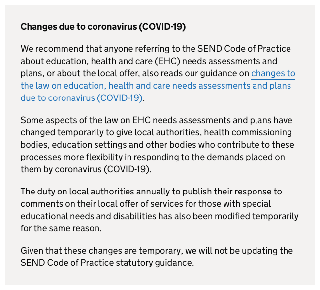 Screenshot of a text snippet about changes brought about by the Covid-19 crisis, as taken from the SEND Code of Practice's web page on 1 May 2020, 12:55pm
