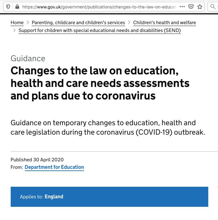 Screenshot of the webpage about the government guidance on temporary changes to the law on EHCPs, taken on the 1st of May 12:45pm