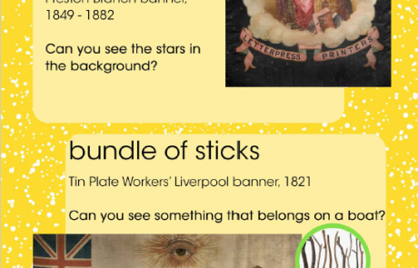 Screenshot of page 5 of People's History Museum's "I Spy ... Nature" resource, showing banners inspired by a cloud and a bundle of sticks