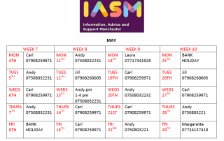 Image shows a calendar of IAS Manchester's work hours for May 2020, plus IASM's logo