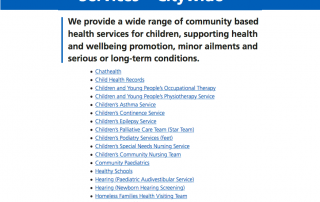 Cropped and edited screenshots of the Children’s Community Services page on the MFT website, listing the different services covered