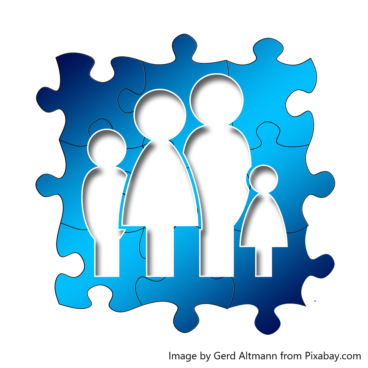 a blue puzzle piece showing an outline of a family - mum, dad, daughter, son | source: pixabay.com