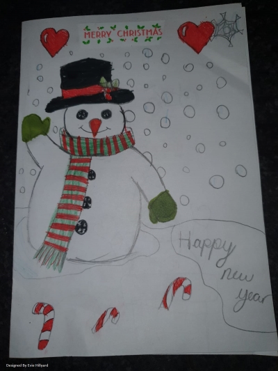 A waving snowman with a snowy background and candy canes in front, plus the words 