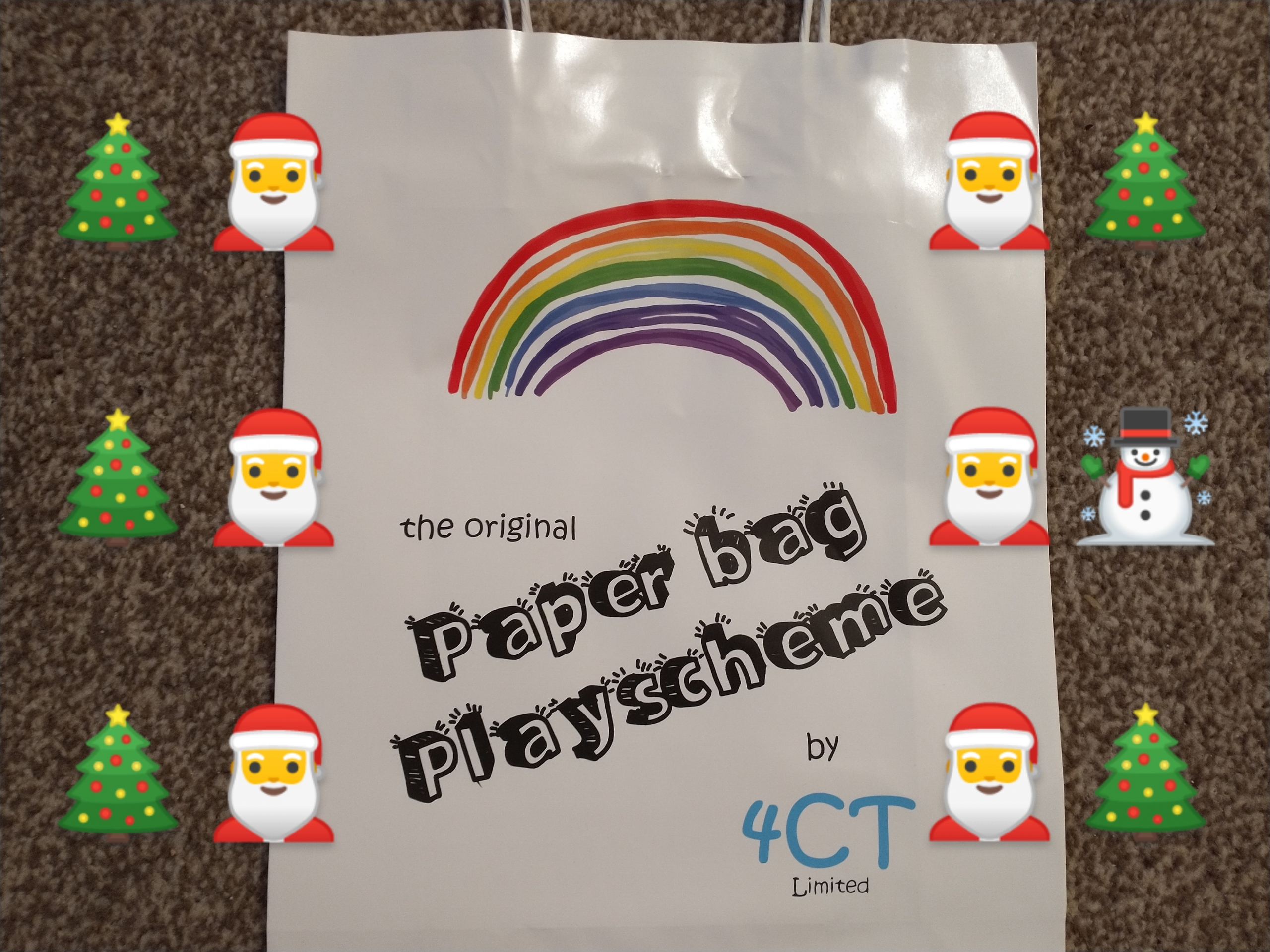 photo of 4CT's original Paperbag Playscheme, overlayed with Christmas tree and Santa emojis