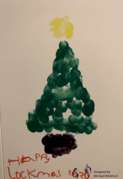 A finger-painted Christmas tree plus the words "Happy Lockmas 2020"