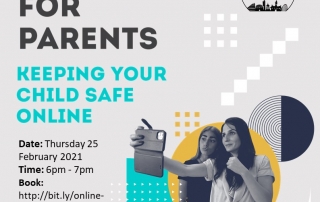 Social media image for the "Keeping Children Safe Online During Covid19" webinar for Parents & Carers, with details of the event in text, a photo of 2 girls taking a selfie, and the logos of MPCF, course providers Digital Awareness UK, and their sponsor Vodafone