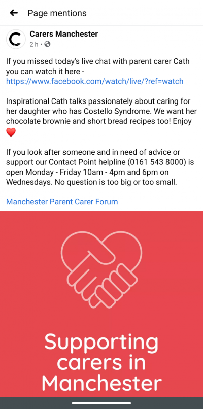 This screenshot of a Facebook post from Carers Manchester mentions Cath's chat with Will about her caring role, including a link to the video, a tag for MPCF's FB page, and an illustration of two hands holding to form a heart shape.