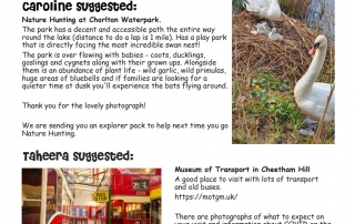screenshot of page 2 of the 2nd Explore Manchester newsletter, which shows some suggestions from families: Chorlton Waterpark and Museum of Transport