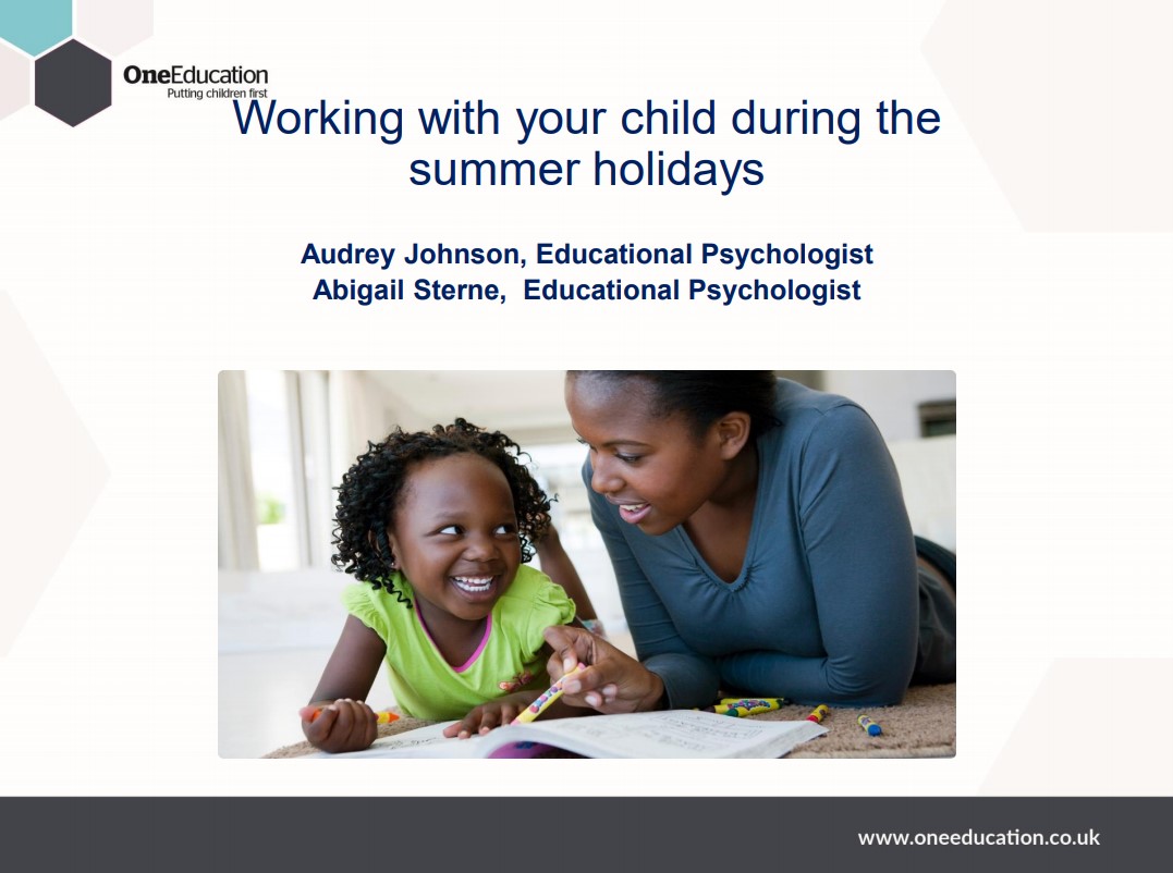 Screenshot of the cover slide for the parent workshop. It shows One Education's logo, the workshop title, the names of the trainers, and a photo of a mother and daughter smiling while reading.