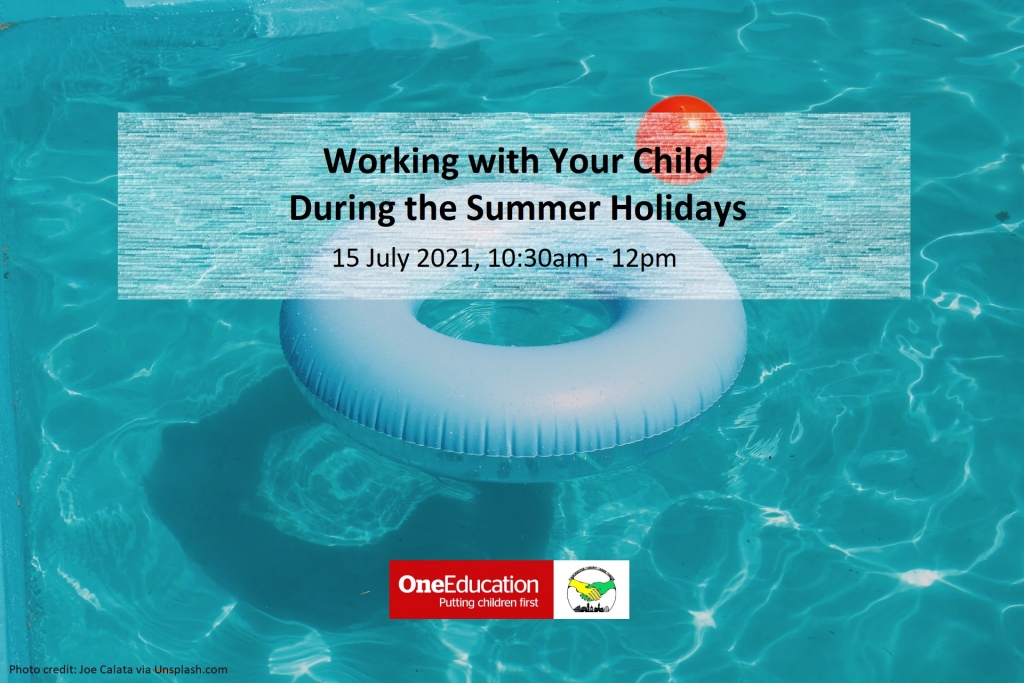 The background shows a swimming pool with a blue donut inflatable and a red ball floating on it. The foreground shows the title and date of this event at the top, and One Education's and MPCF's logos at the bottom. | Photo credit: Joe Calata via Unsplash.com