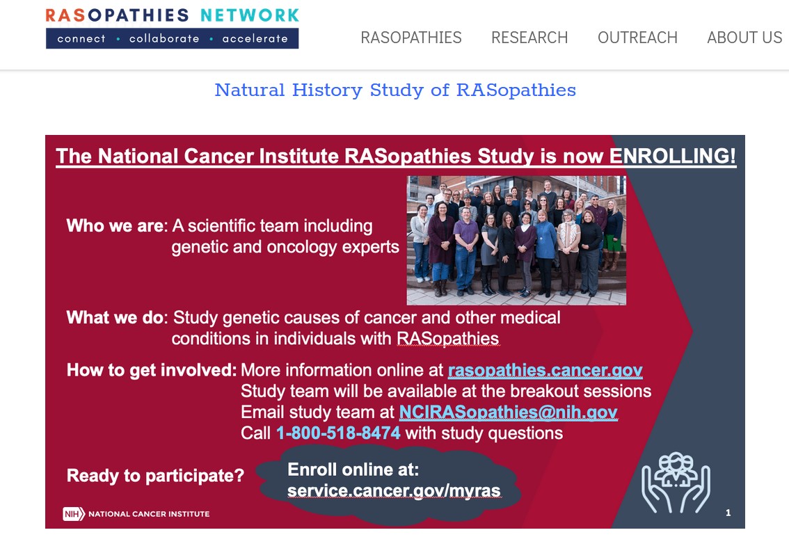 Screenshot of the RASopathies Network's advertisement of the NCI's international study on RASopathies