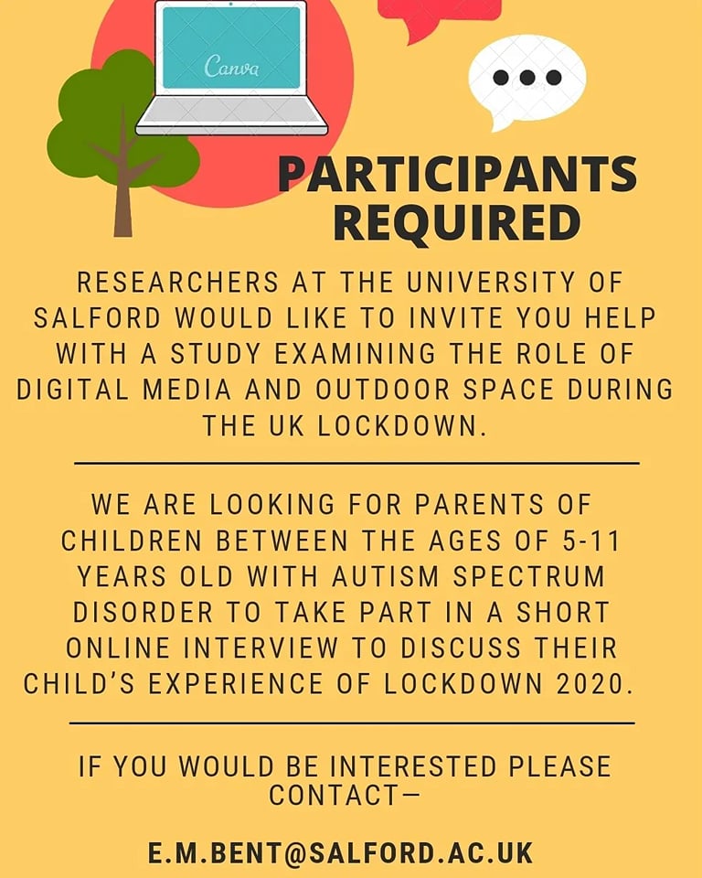 An invitation to get involved in a University of Salford study around autistic experiences of the Covid Lockdown in 2020