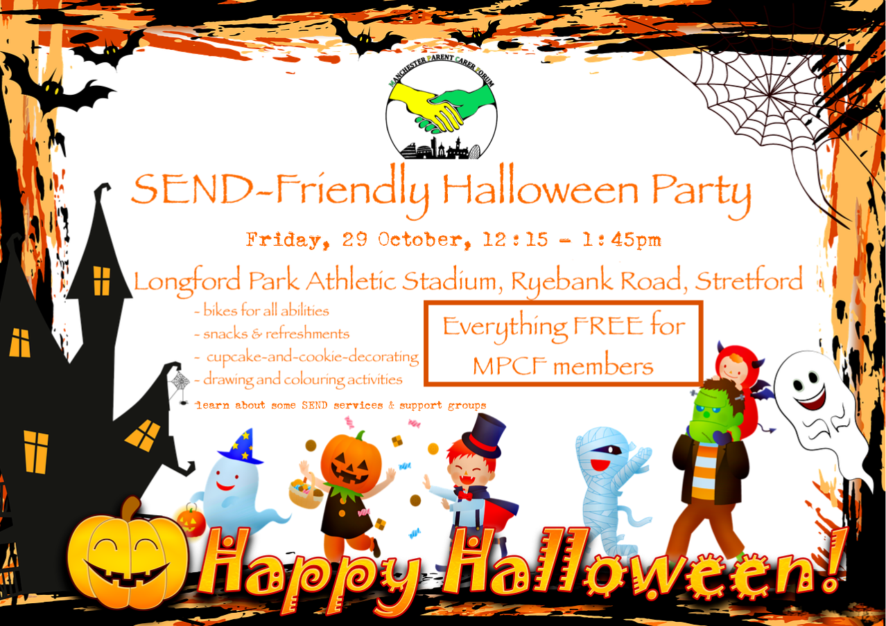 Poster for MPCF's SEND Halloween Party | Includes a halloween-themed frame (with bats, pumpkin, ghost, etc) and costumed children in the background