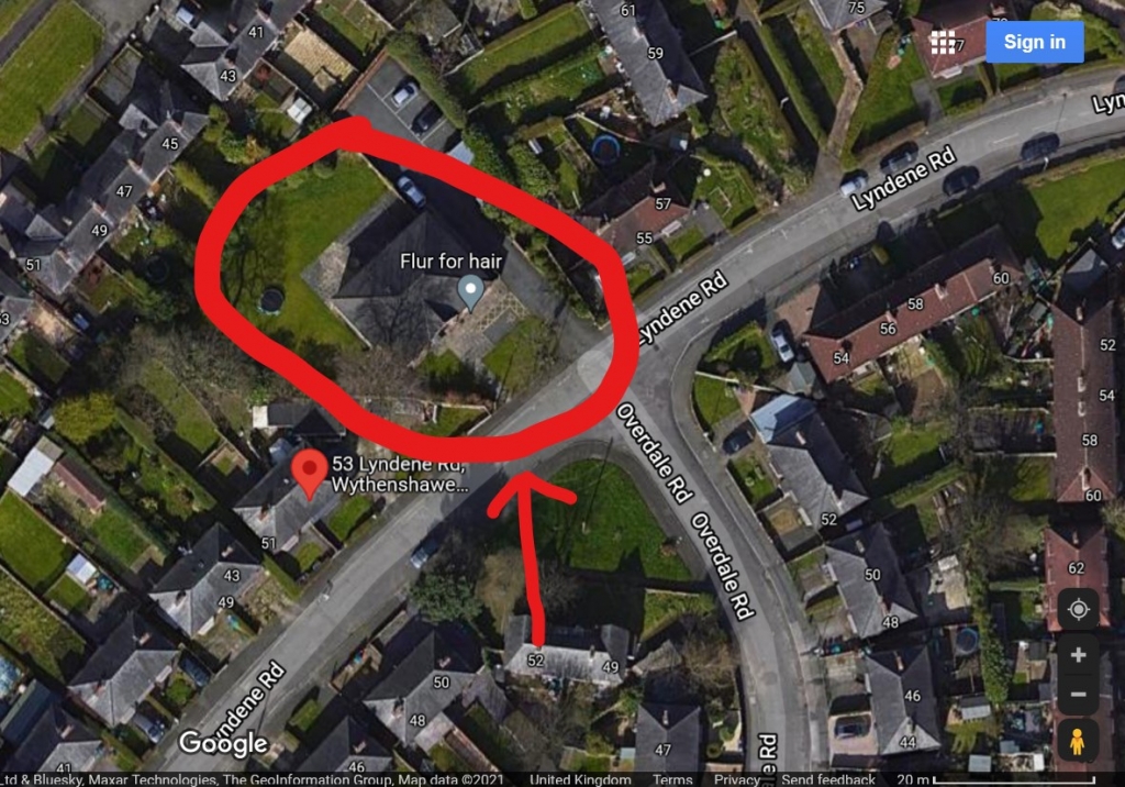 This shows a screenshot of the Google Maps Satellite View of Lyndene House. We've encircled the property with red ink to prevent confusion between Lyndene House (53a Lyndene Road) and the private property beside it (53 Lyndene Road).