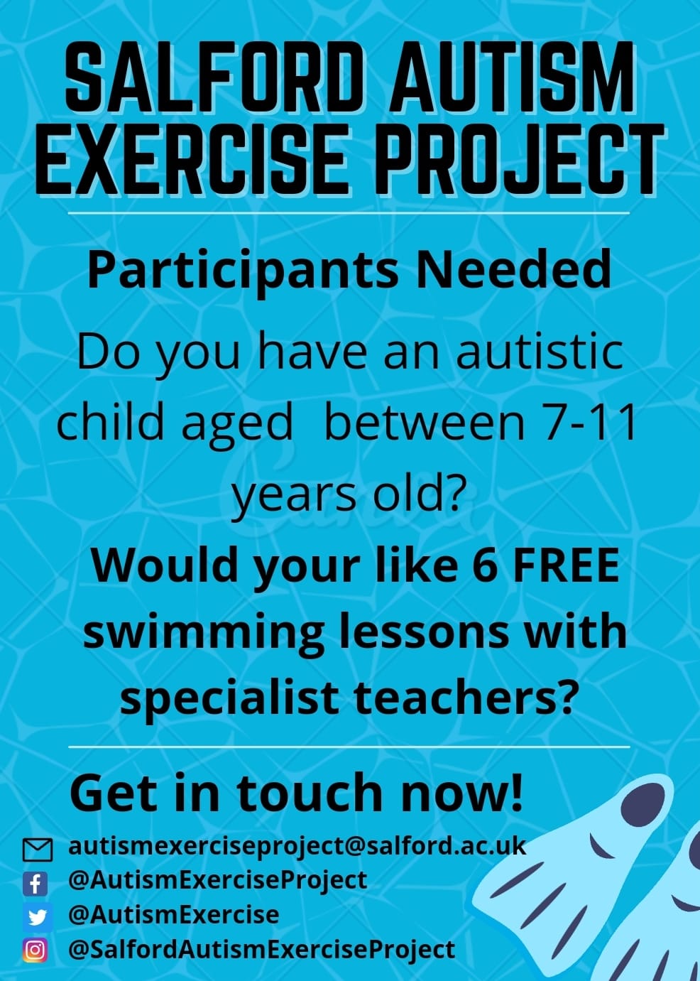 Flyer from the Salford Autism Exercise Project, calling for participants. The background is an illustration of light blue swimming pool water.