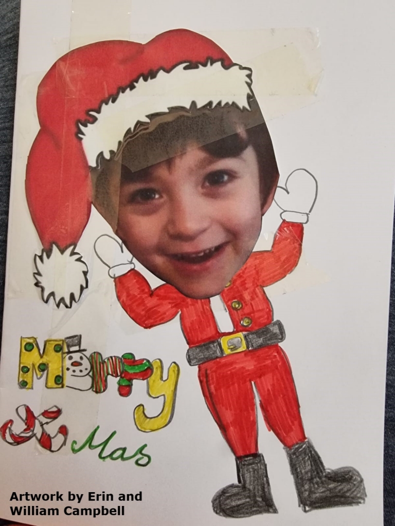 A collage showing William wearing a Santa hat and a drawing of him wearing a Santa Claus costume, with the text 