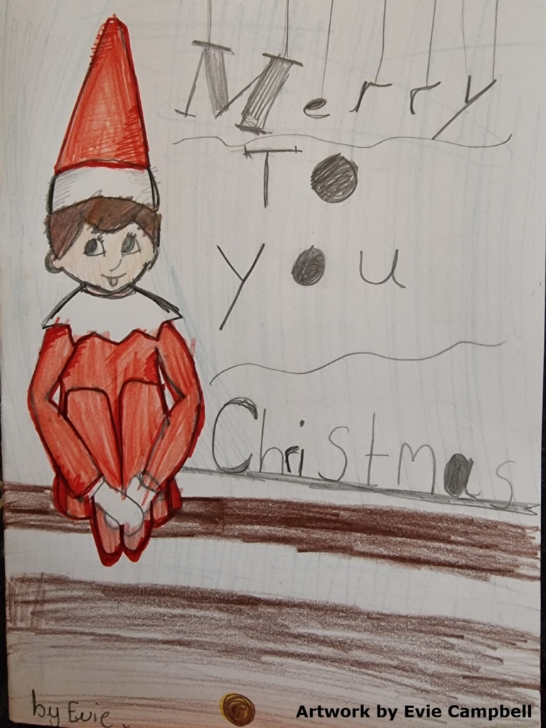 An illustration of a Christmas elf wearing red and sat on a bench, with the text 