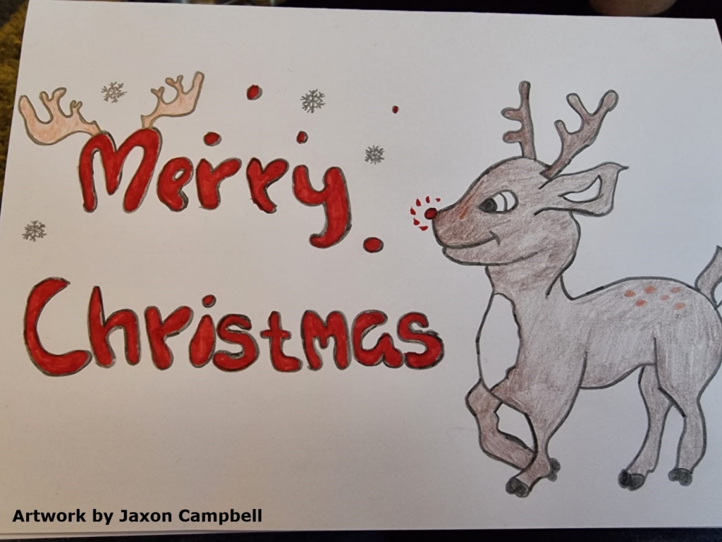 An illustration of Rudolph the Red-nosed Reindeer, with the text 