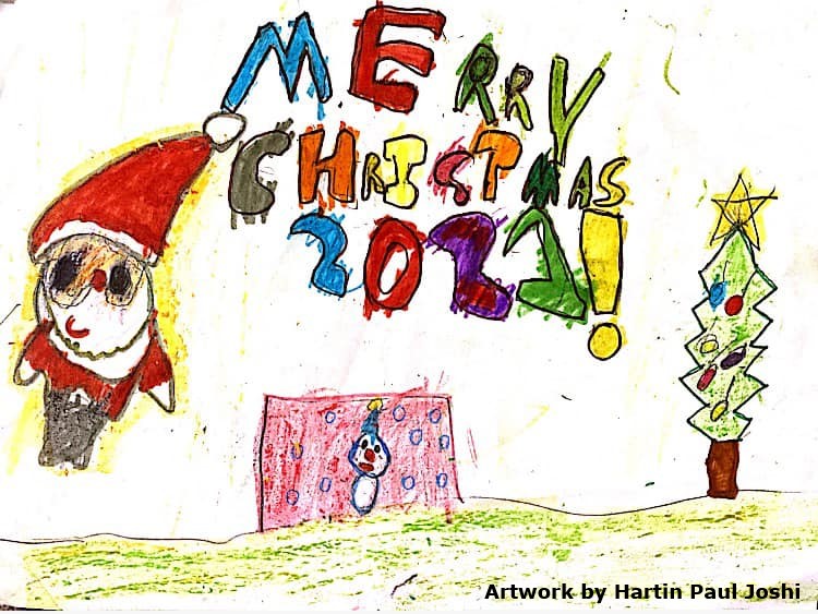 A crayon drawing of (from left to right) Santa, a snowman and a Christmas tree on a grassy field, with the text 