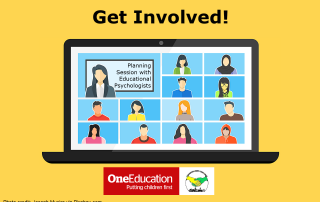 An illustration of a virtual meeting on a laptop, with yellow background. Text at the top says "Get Involved!" One Education's and MPCF's logos are superimposed at the bottom of the image.