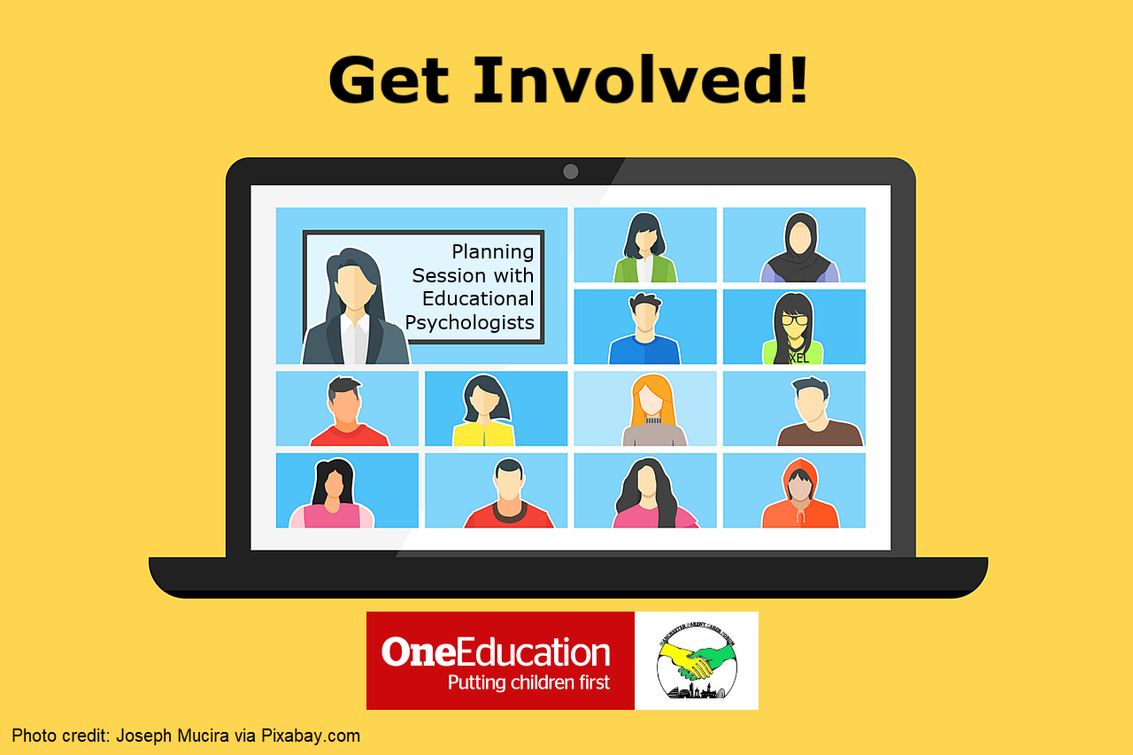 An illustration of a virtual meeting on a laptop, with yellow background. Text at the top says "Get Involved!" One Education's and MPCF's logos are superimposed at the bottom of the image.