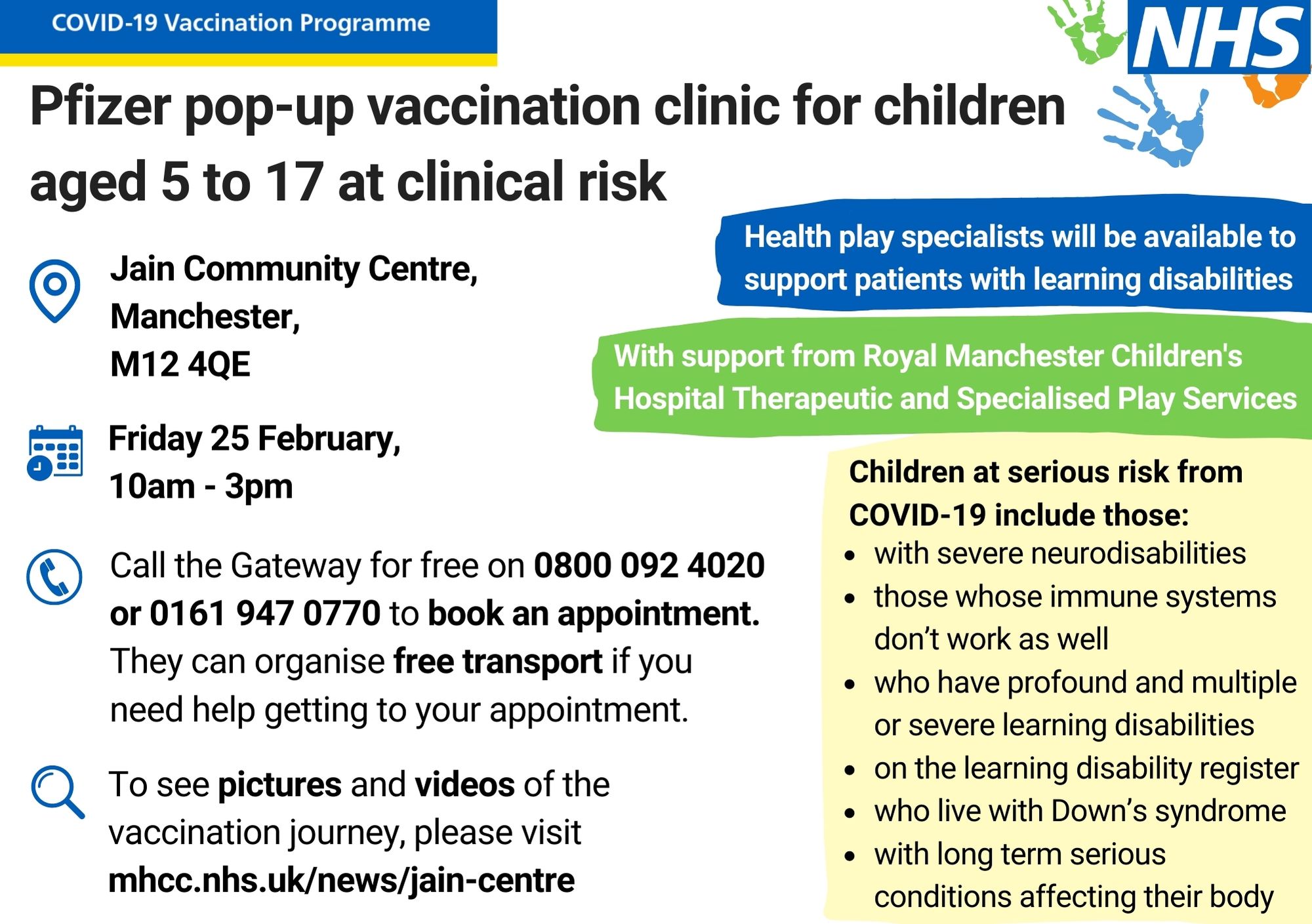 The flyer includes details (date, time, venue, additional support available) for the "Pfizer pop-up vaccination clinic for children aged 5-17 at clinical risk".