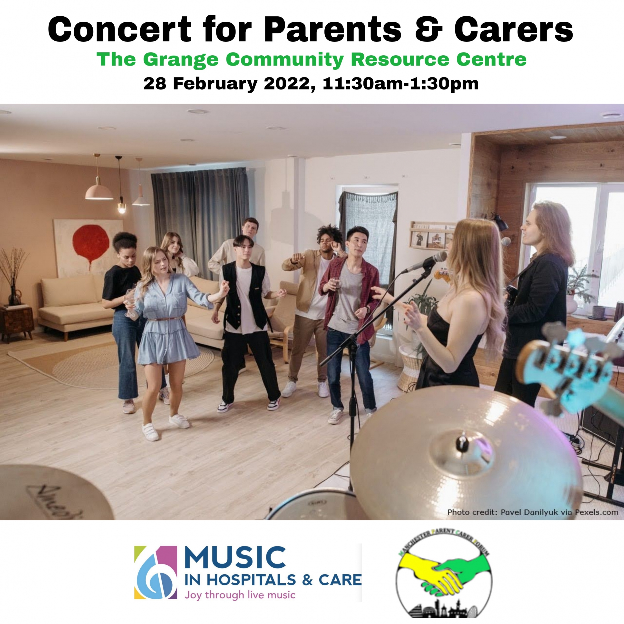 The main photo shows a group of people enjoying a relaxed concert indoors. The top text says "Concert for Parents & Carers", followed by the event details (venue, date, time). The bottom shows MiHC's and MPCF's logos, respectively.