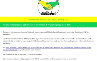 Screenshot of the "intro message" for the Manchester SEND Survey 2021